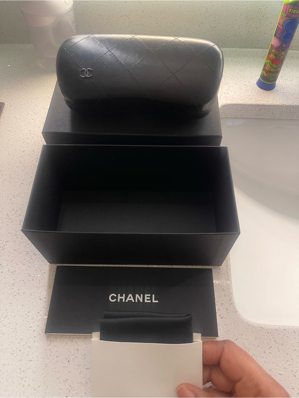CHANEL Black Quilted Leather Sunglass Case with Silver CC Logo